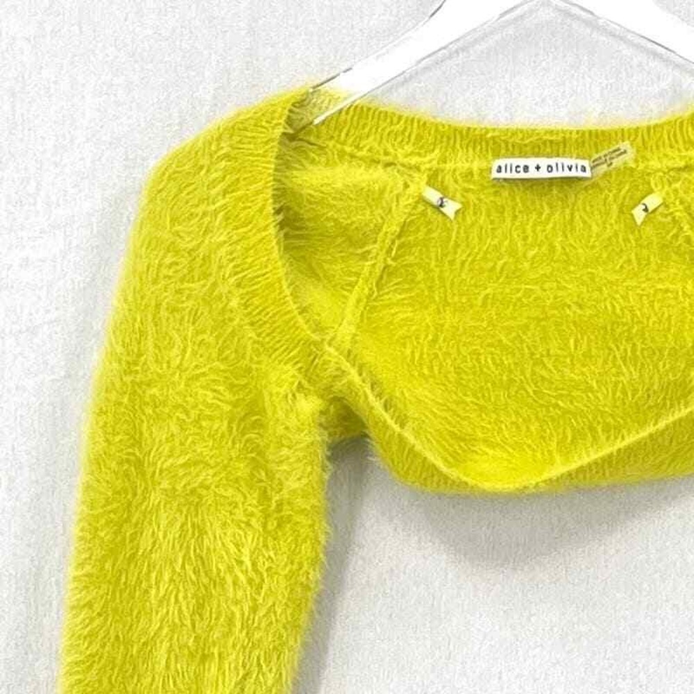ALICE + OLIVIA Luetta Shrug Only Women Small Neon Lime Fuzzy Cropped Long Sleeve - Picture 6 of 13